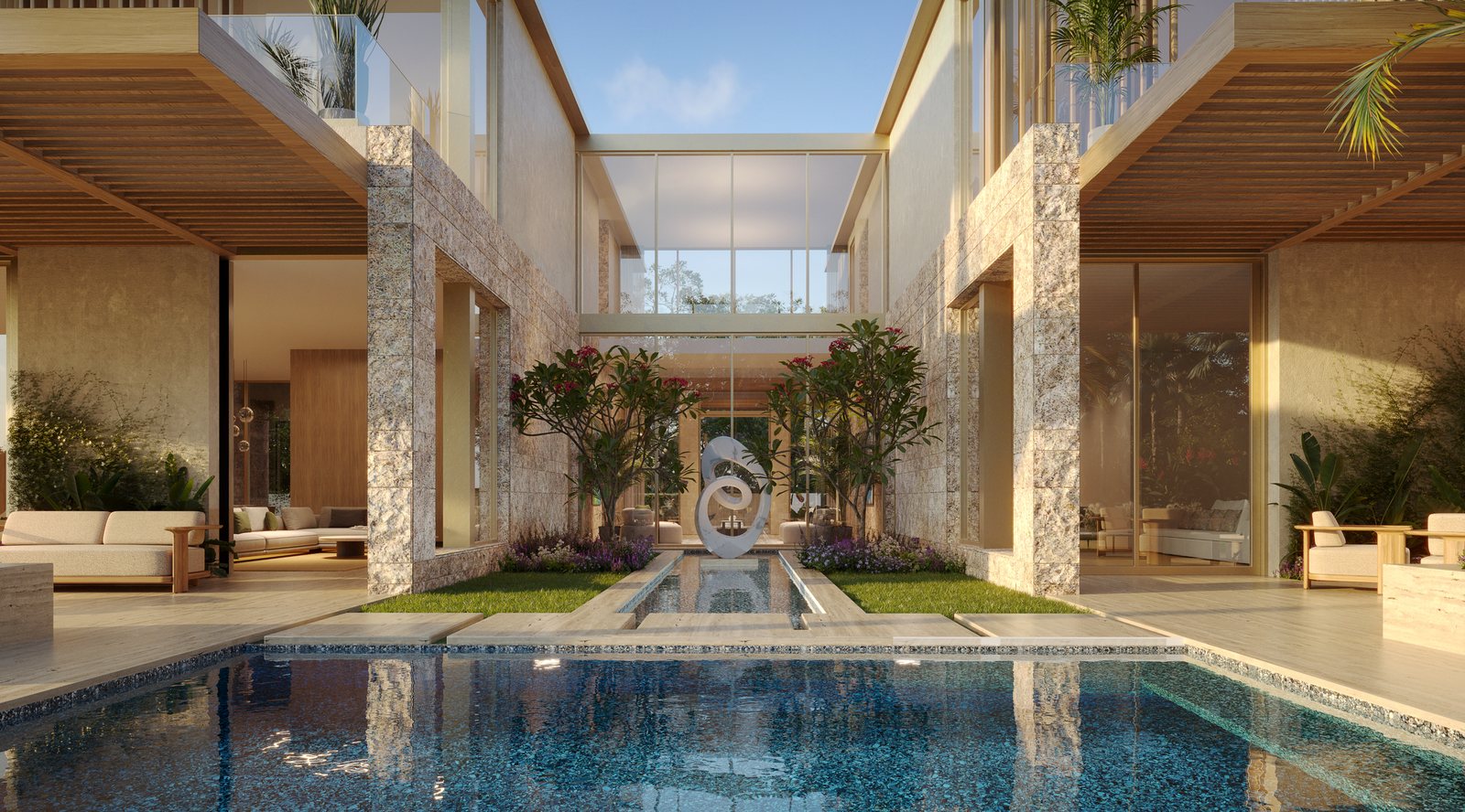 Luxury residence exterior with pool courtyard